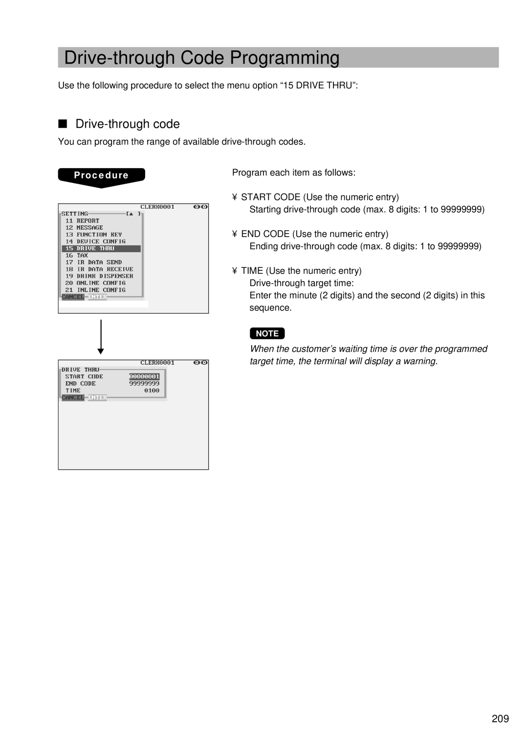 Sharp UP-3300 instruction manual Drive-through Code Programming, Drive-through code, 209 