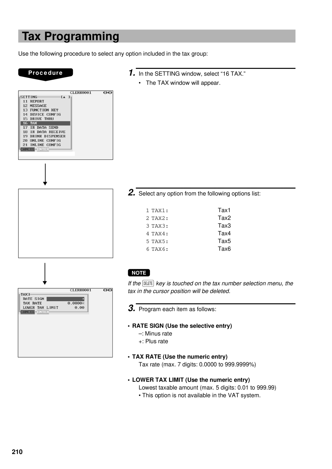 Sharp UP-3300 Tax Programming, 210, Rate Sign Use the selective entry Minus rate, TAX Rate Use the numeric entry 