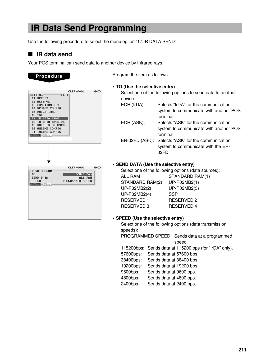 Sharp UP-3300 instruction manual IR Data Send Programming, IR data send, 211 