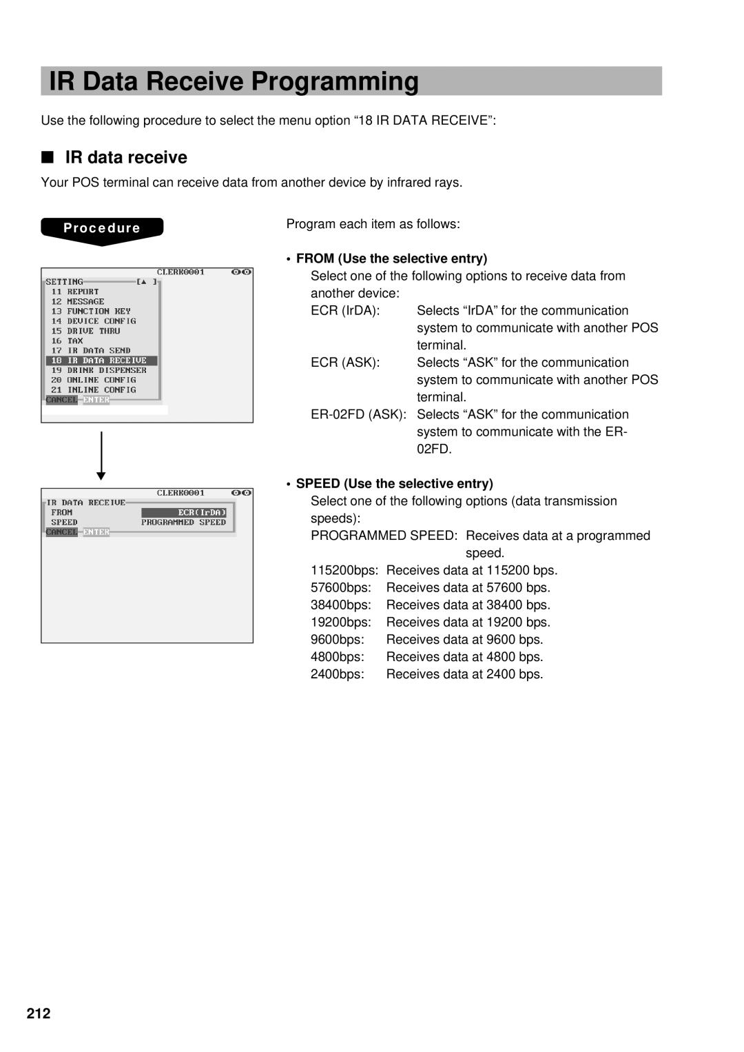 Sharp UP-3300 instruction manual IR Data Receive Programming, IR data receive, 212, From Use the selective entry 