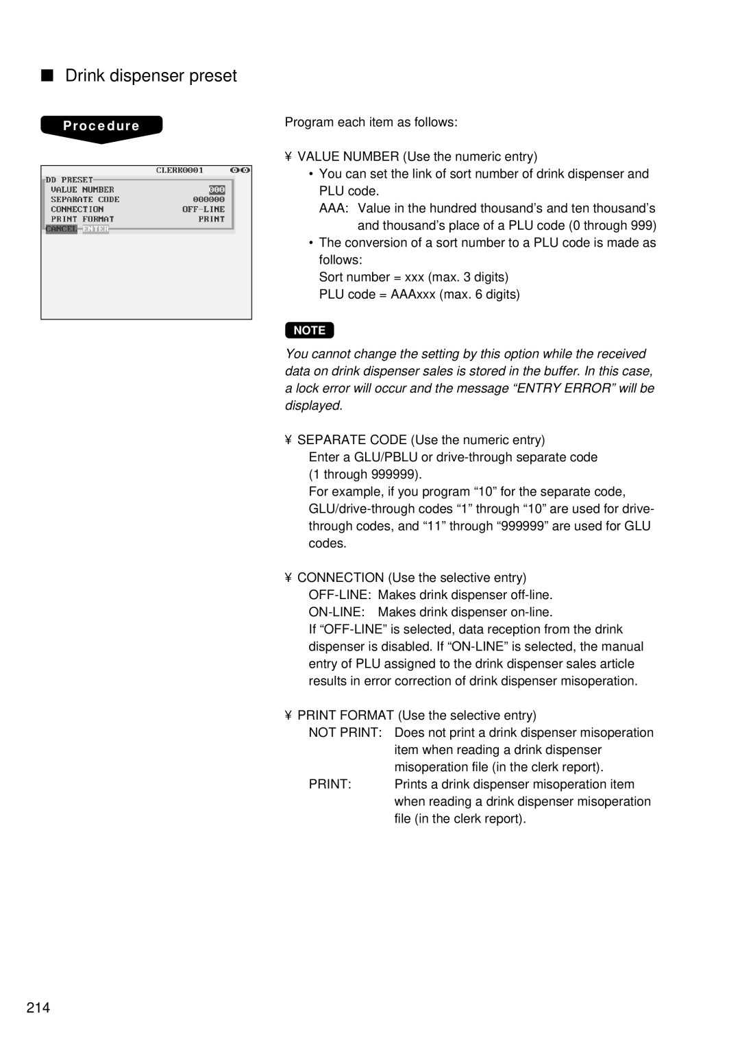 Sharp UP-3300 Drink dispenser preset, 214, Value Number Use the numeric entry, Separate Code Use the numeric entry 