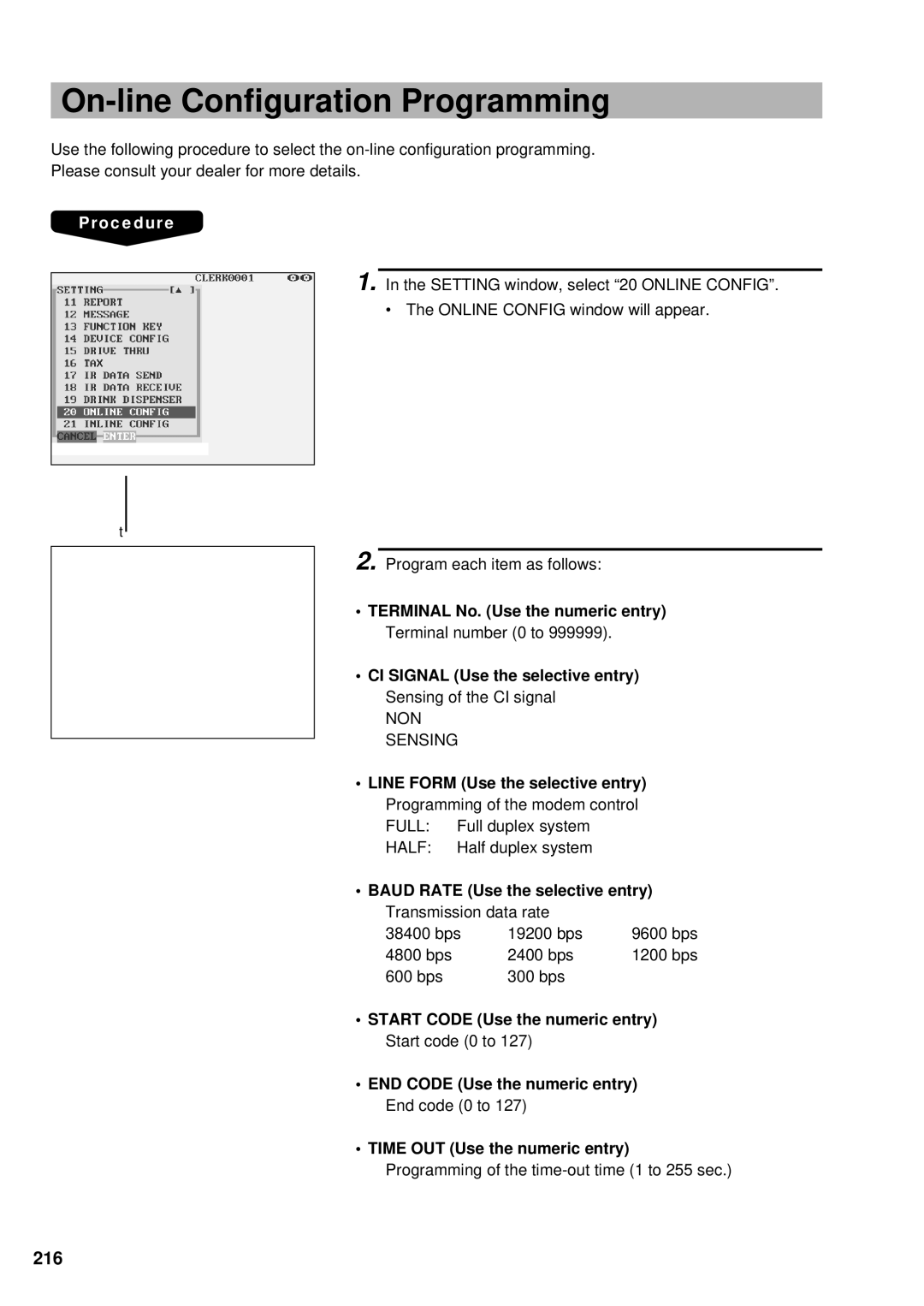 Sharp UP-3300 instruction manual On-line Configuration Programming, 216 