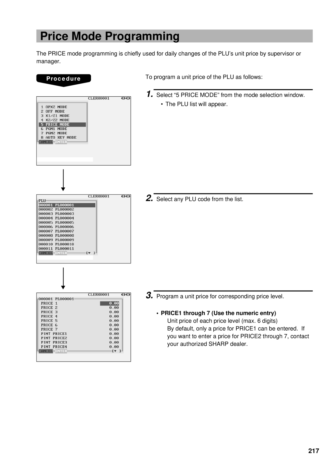 Sharp UP-3300 instruction manual Price Mode Programming, 217 
