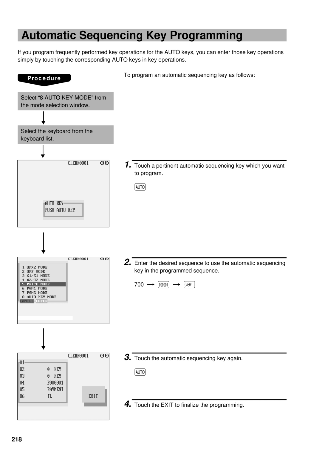 Sharp UP-3300 instruction manual Automatic Sequencing Key Programming, 218 