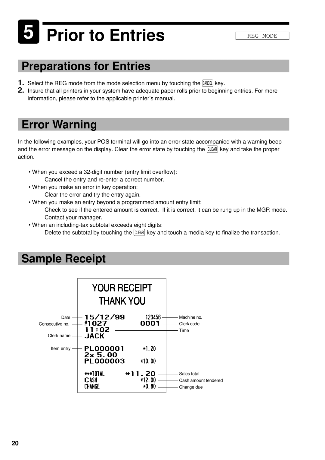 Sharp UP-3300 instruction manual Prior to Entries, Preparations for Entries, Error Warning, Sample Receipt 