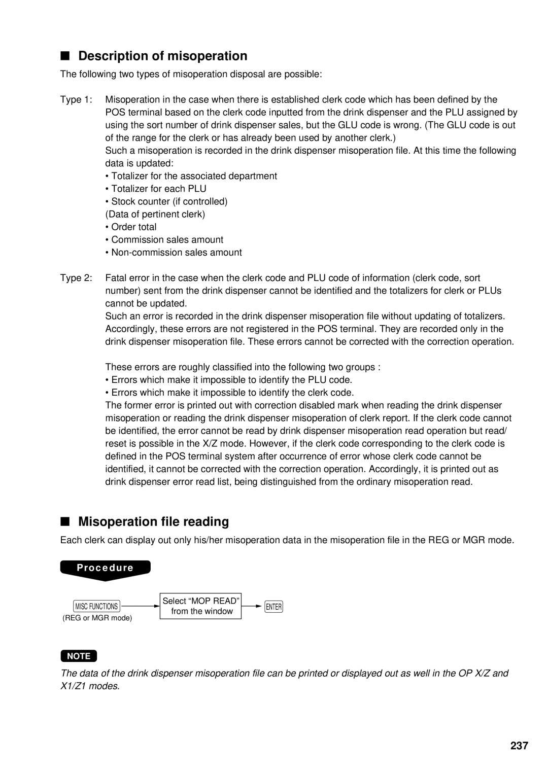 Sharp UP-3300 instruction manual Description of misoperation, Misoperation file reading, 237 