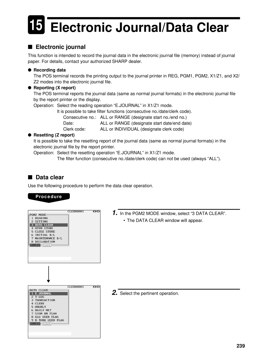 Sharp UP-3300 instruction manual Electronic Journal/Data Clear, Electronic journal, Data clear, 239 