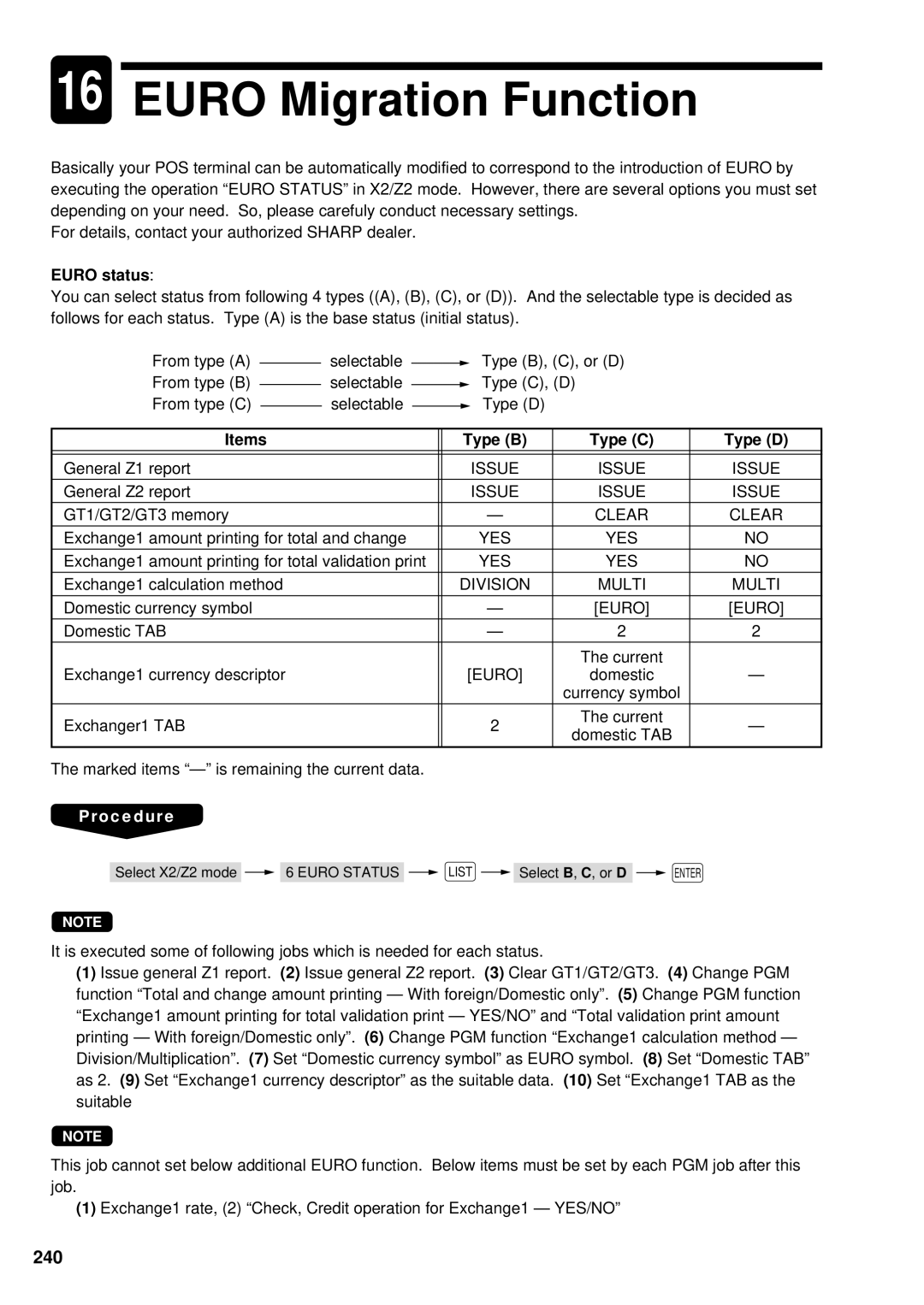 Sharp UP-3300 instruction manual Euro Migration Function, 240, Euro status, Items Type B Type C Type D 