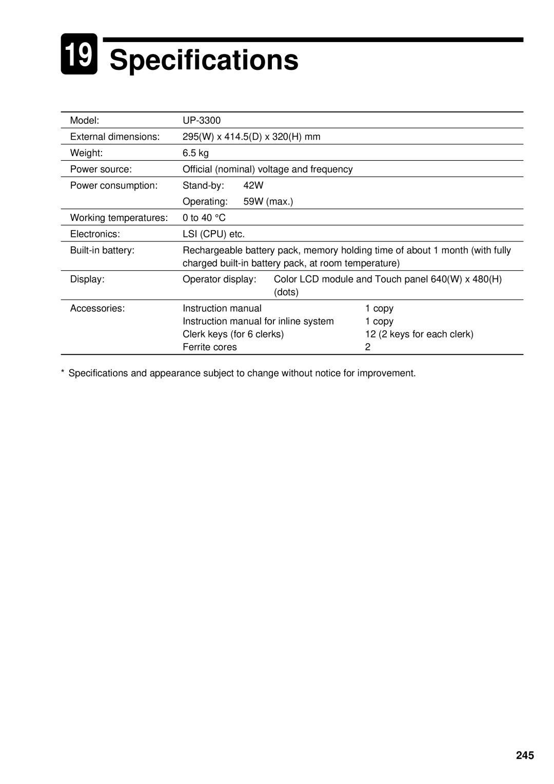 Sharp UP-3300 instruction manual Specifications, 245 