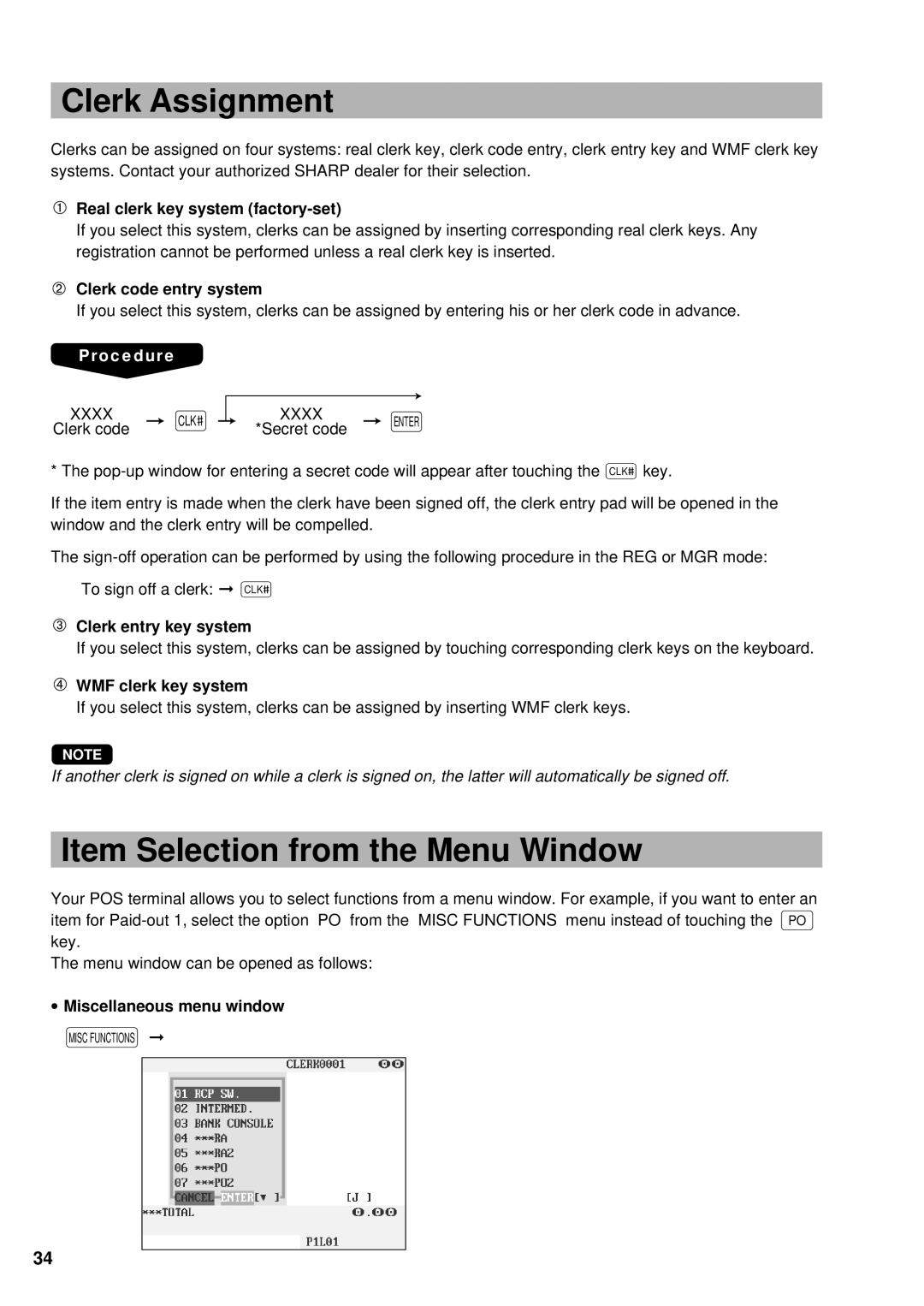 Sharp UP-3300 instruction manual Clerk Assignment, Item Selection from the Menu Window 