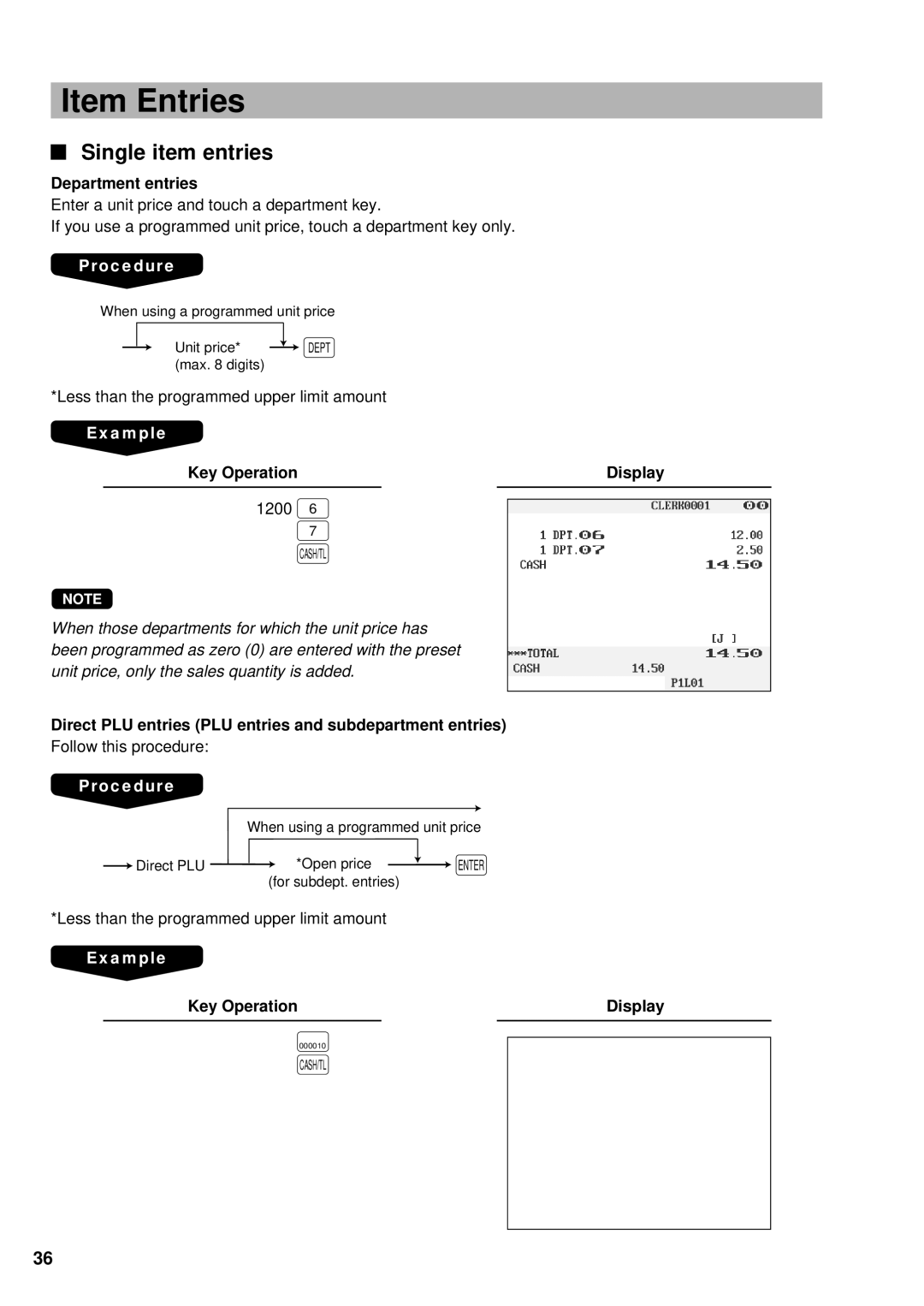 Sharp UP-3300 instruction manual Item Entries, Single item entries, Department entries, Key Operation Display 