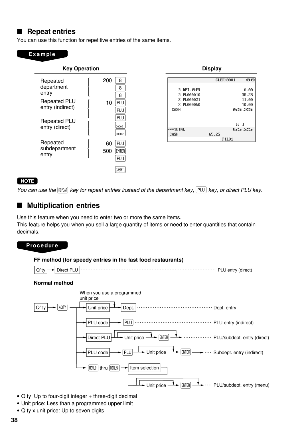 Sharp UP-3300 Repeat entries, Multiplication entries, FF method for speedy entries in the fast food restaurants 