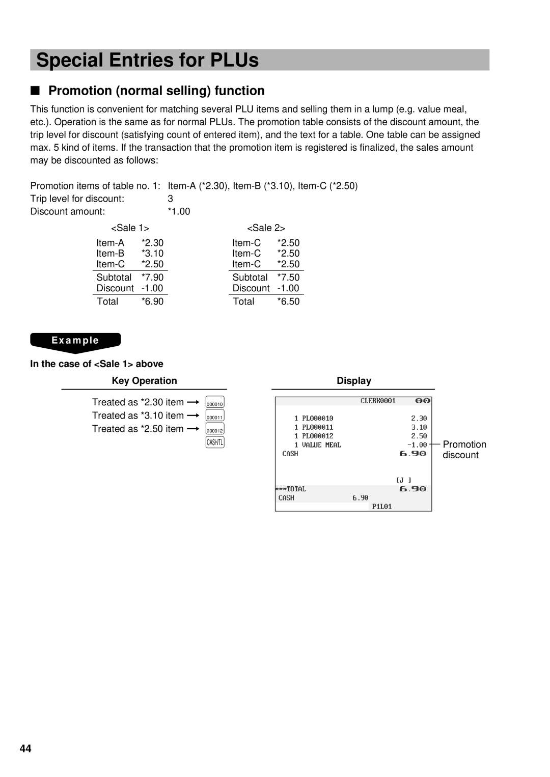 Sharp UP-3300 Special Entries for PLUs, Promotion normal selling function, Case of Sale 1 above Key Operation Display 