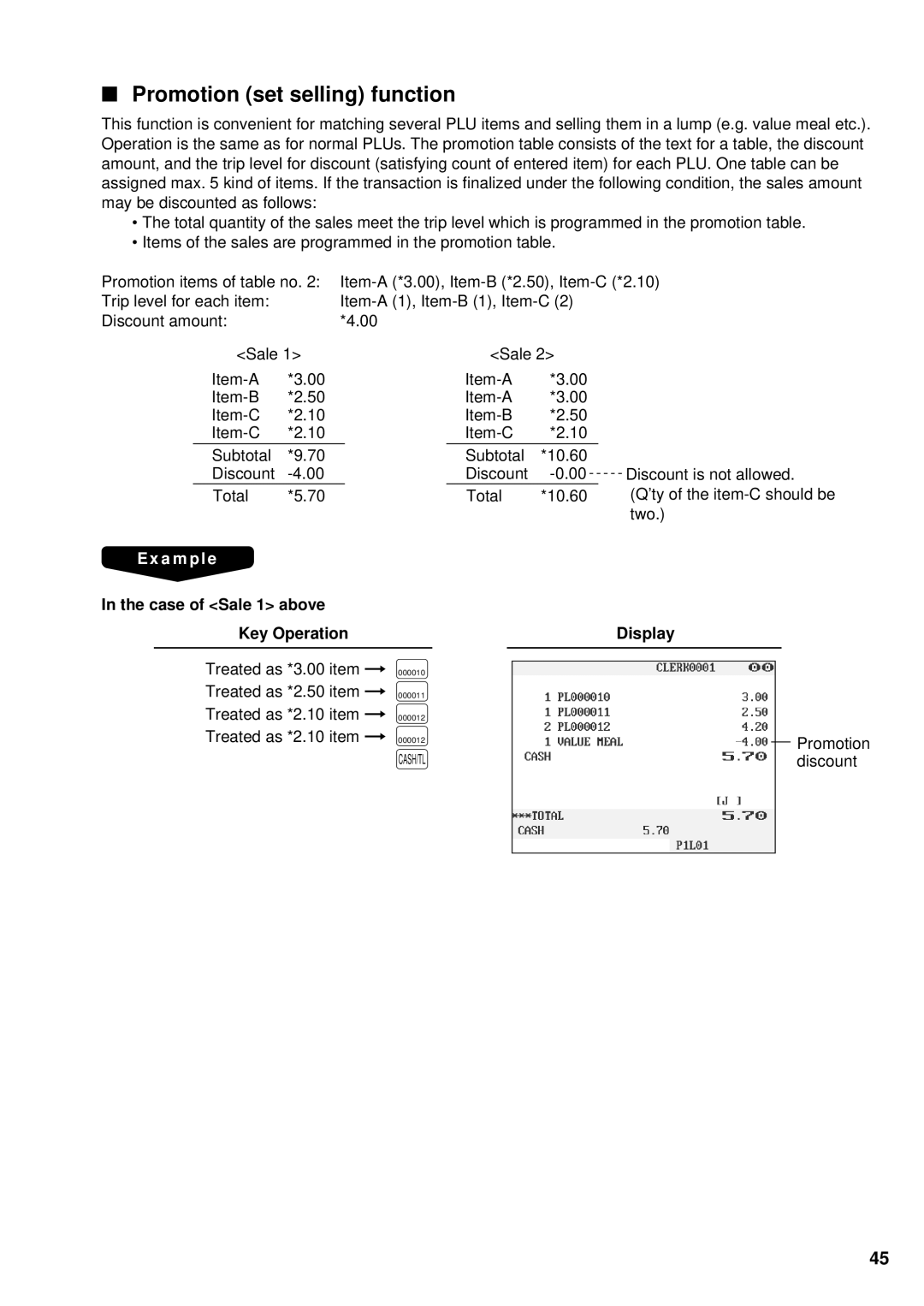 Sharp UP-3300 instruction manual Promotion set selling function, Case of Sale 1 above Key Operation 