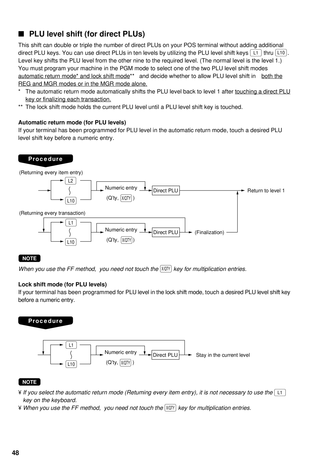 Sharp UP-3300 PLU level shift for direct PLUs, Automatic return mode for PLU levels, Lock shift mode for PLU levels 