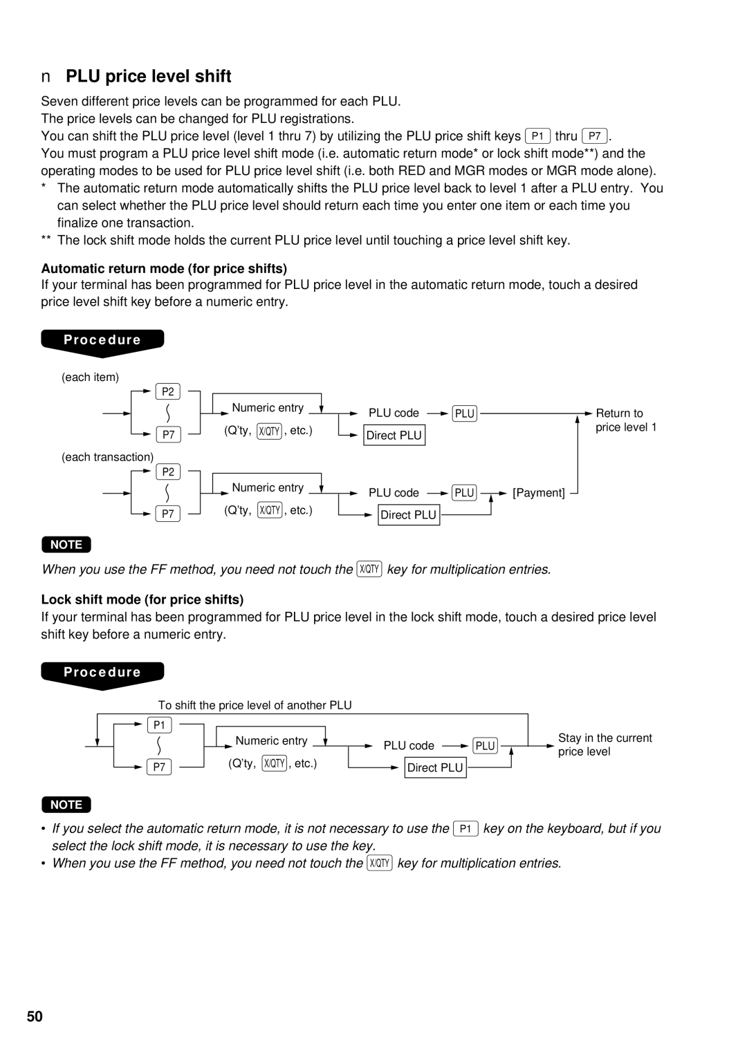 Sharp UP-3300 PLU price level shift, Automatic return mode for price shifts, Lock shift mode for price shifts 