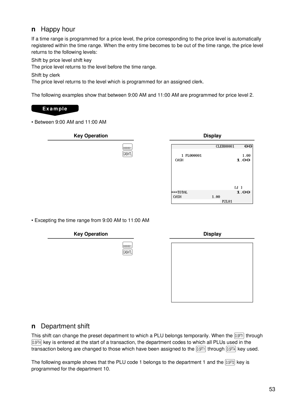 Sharp UP-3300 instruction manual Happy hour, Department shift, Shift by price level shift key, Shift by clerk 