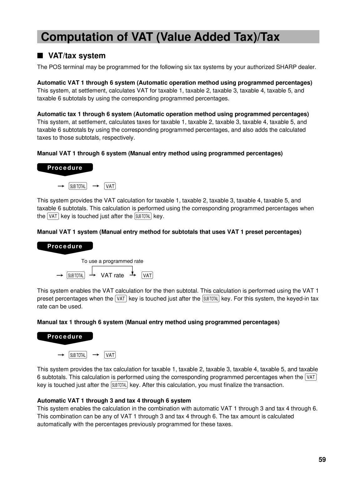 Sharp UP-3300 Computation of VAT Value Added Tax/Tax, VAT/tax system, Automatic VAT 1 through 3 and tax 4 through 6 system 