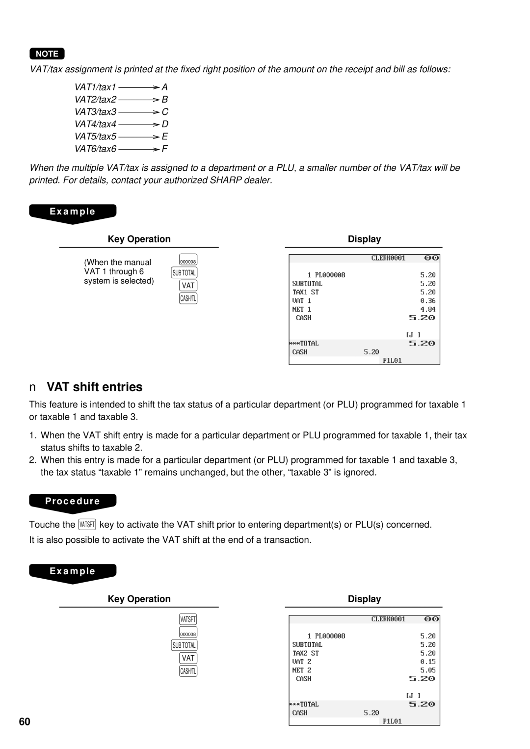 Sharp UP-3300 instruction manual VAT shift entries, Key Operation 