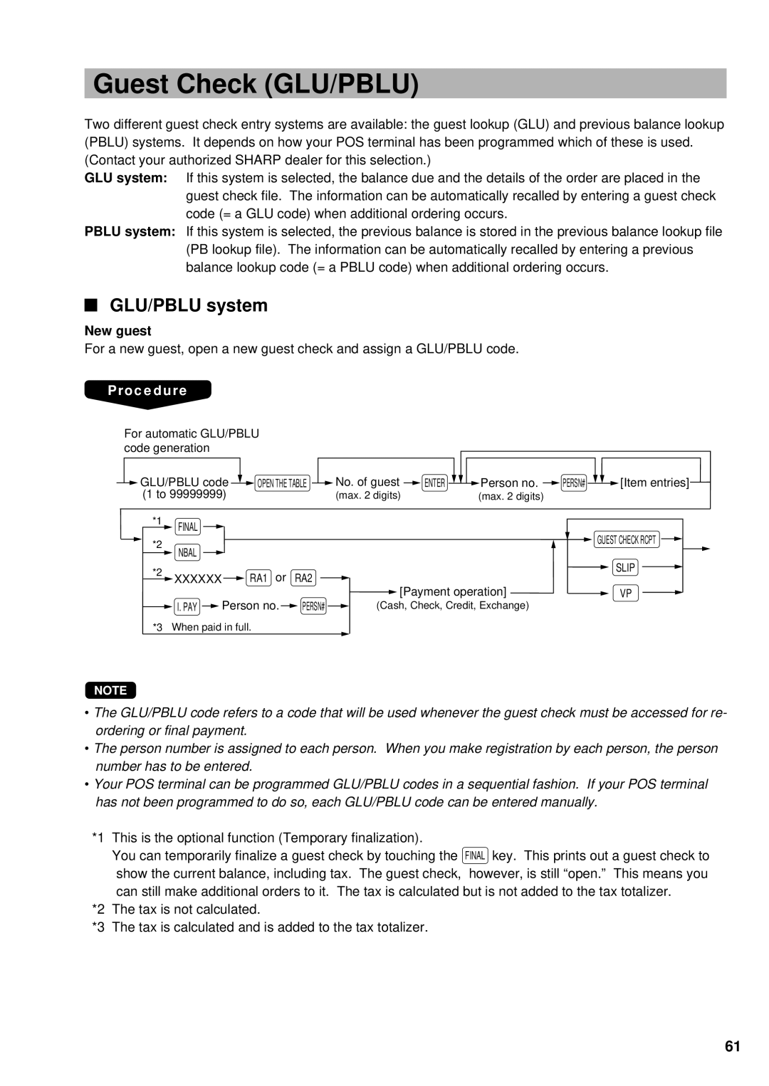 Sharp UP-3300 instruction manual Guest Check GLU/PBLU, GLU/PBLU system, New guest 