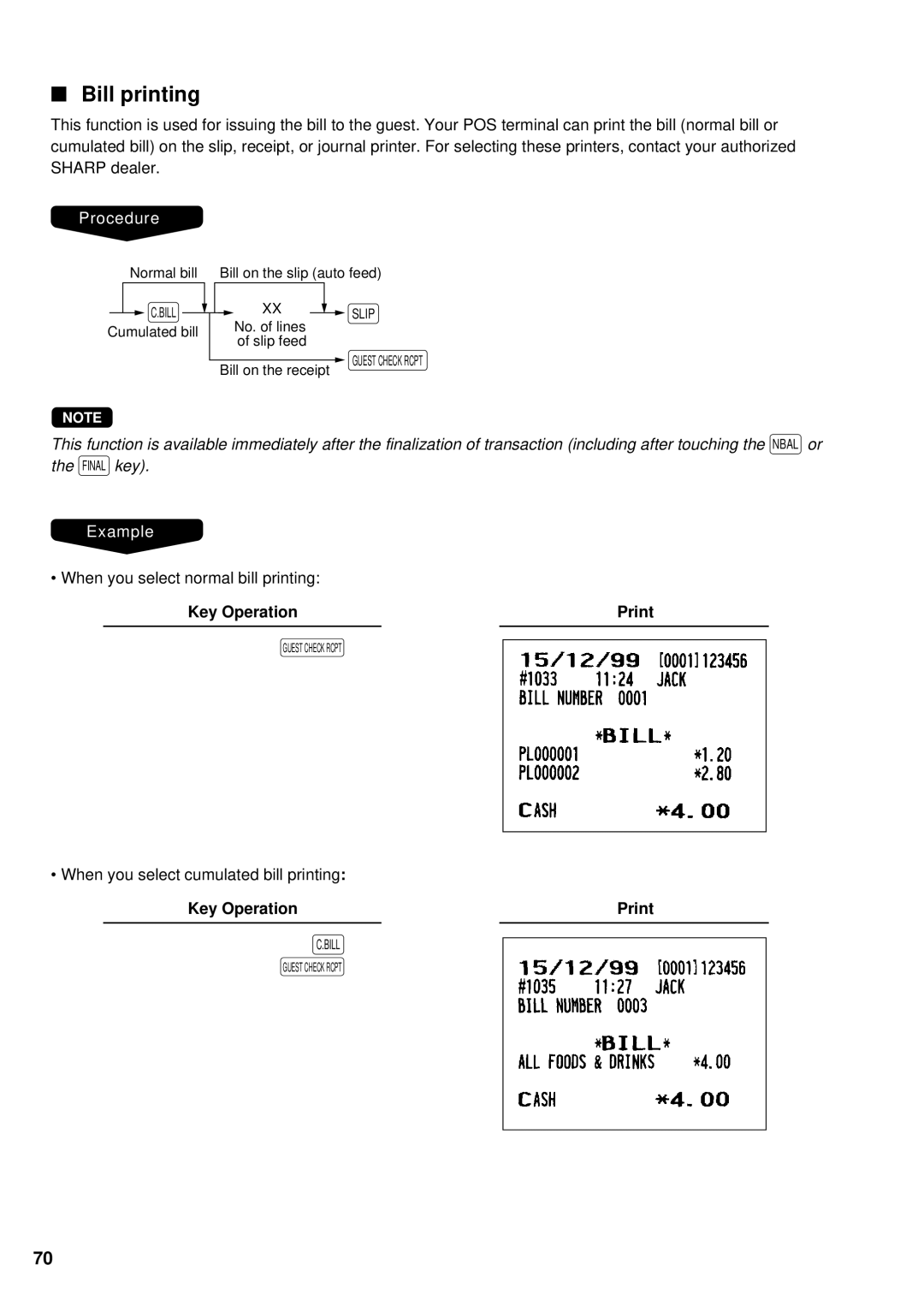 Sharp UP-3300 instruction manual Bill printing, Key Operation Print 