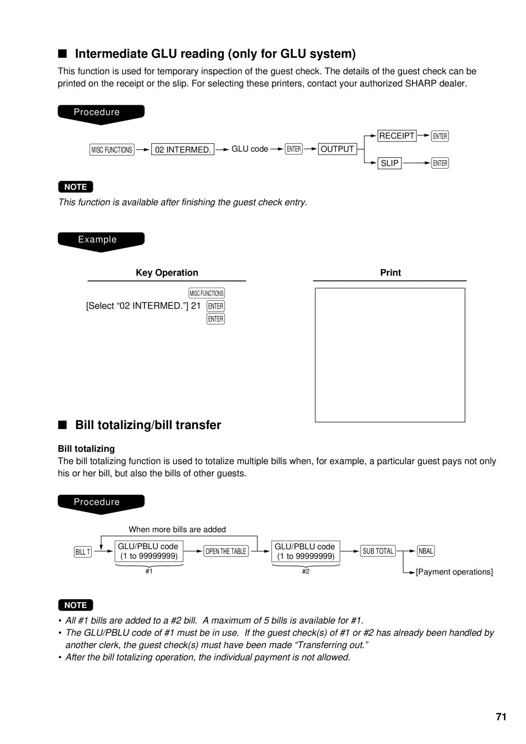 Sharp UP-3300 instruction manual Intermediate GLU reading only for GLU system, Bill totalizing/bill transfer 