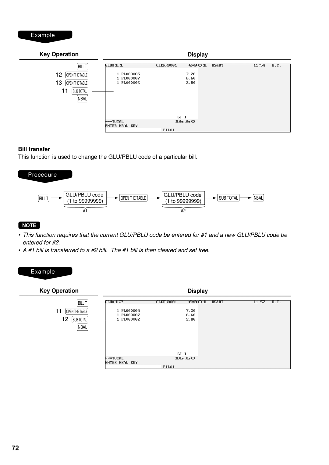 Sharp UP-3300 instruction manual Key Operation Display, Bill transfer 