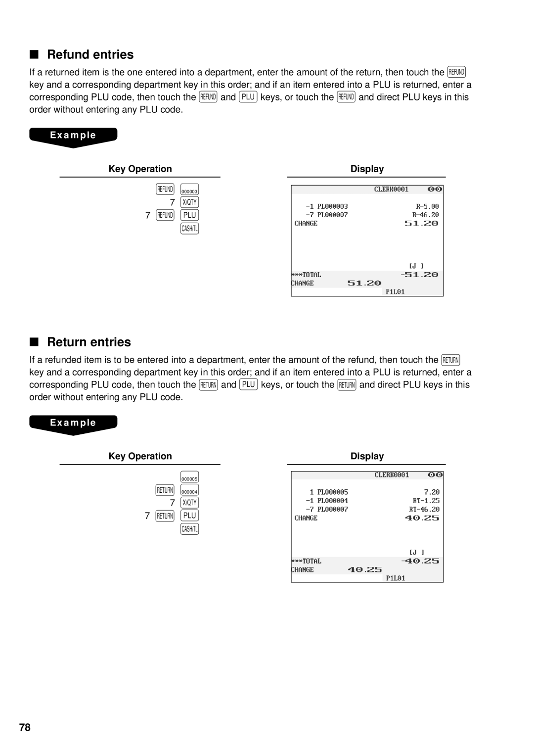 Sharp UP-3300 instruction manual Refund entries, Return entries 