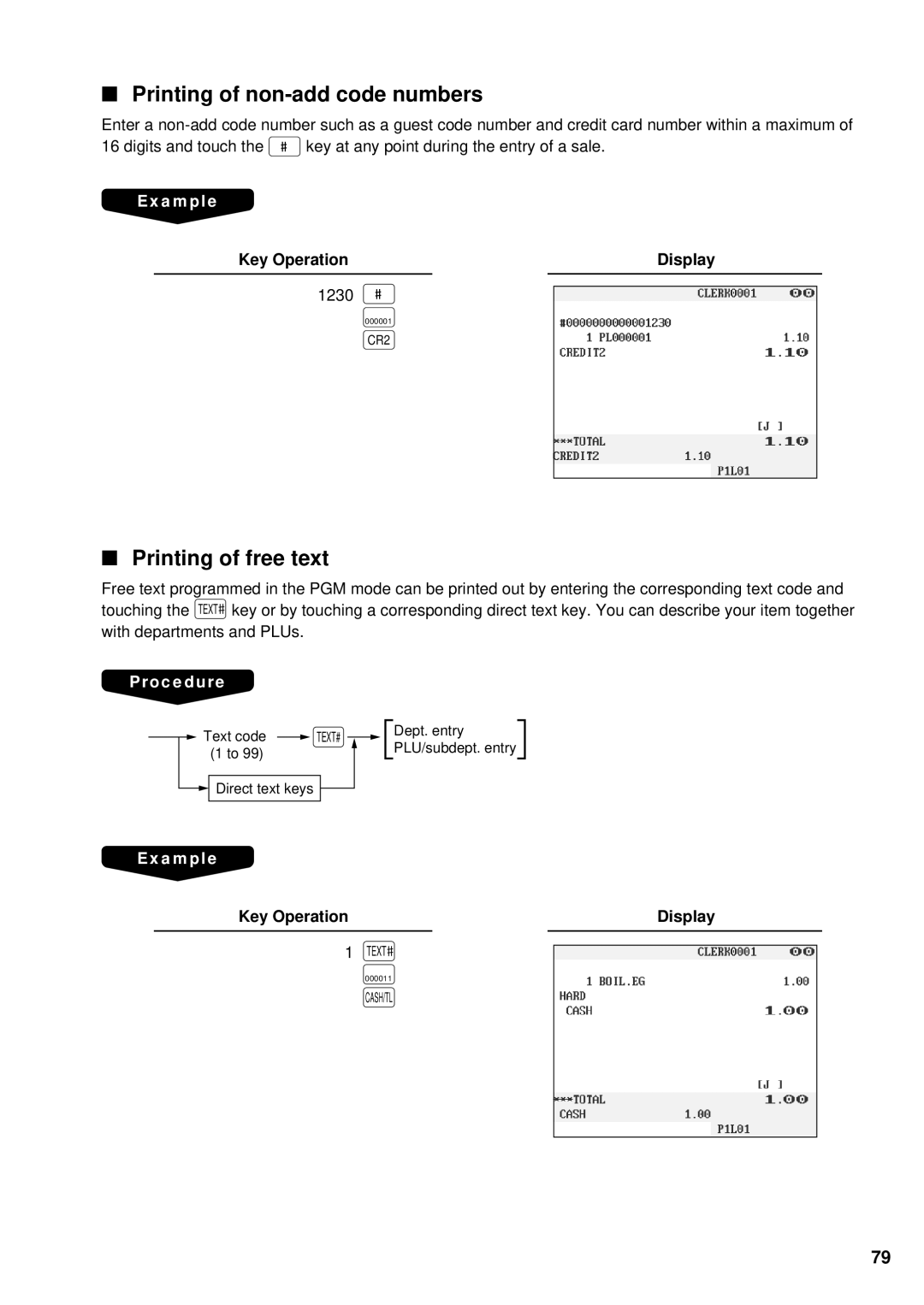 Sharp UP-3300 instruction manual Printing of non-add code numbers, Printing of free text 