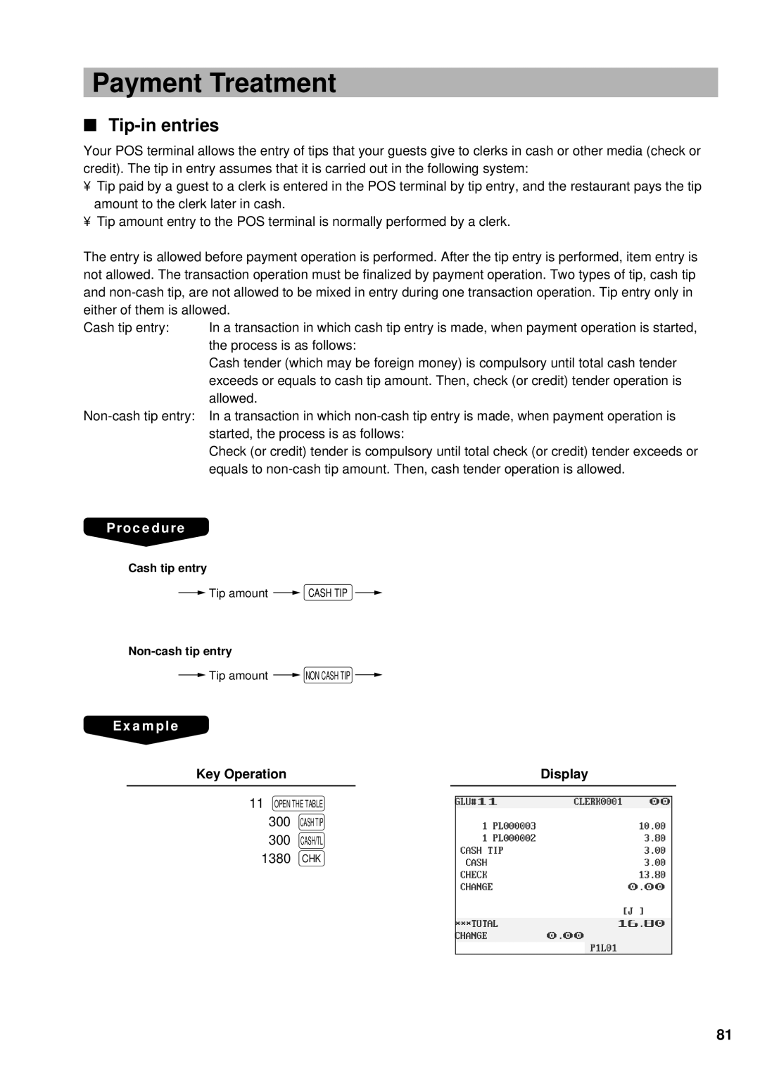 Sharp UP-3300 instruction manual Payment Treatment, Tip-in entries 