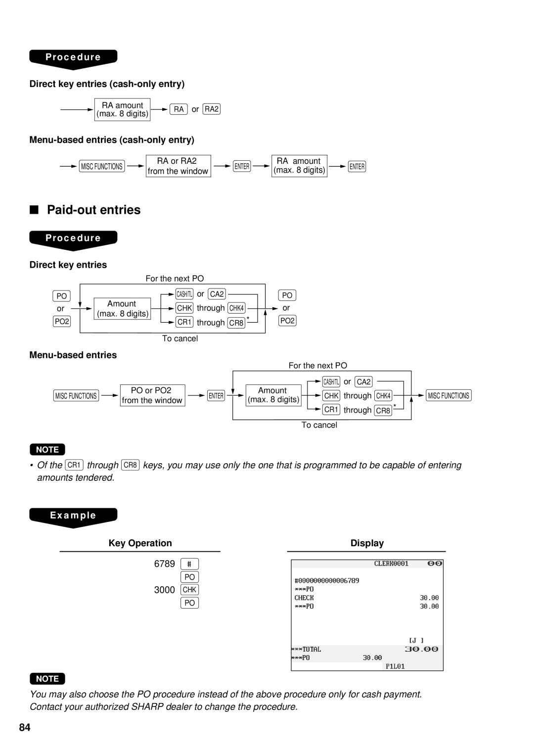 Sharp UP-3300 instruction manual Paid-out entries, Direct key entries cash-only entry, Menu-based entries cash-only entry 