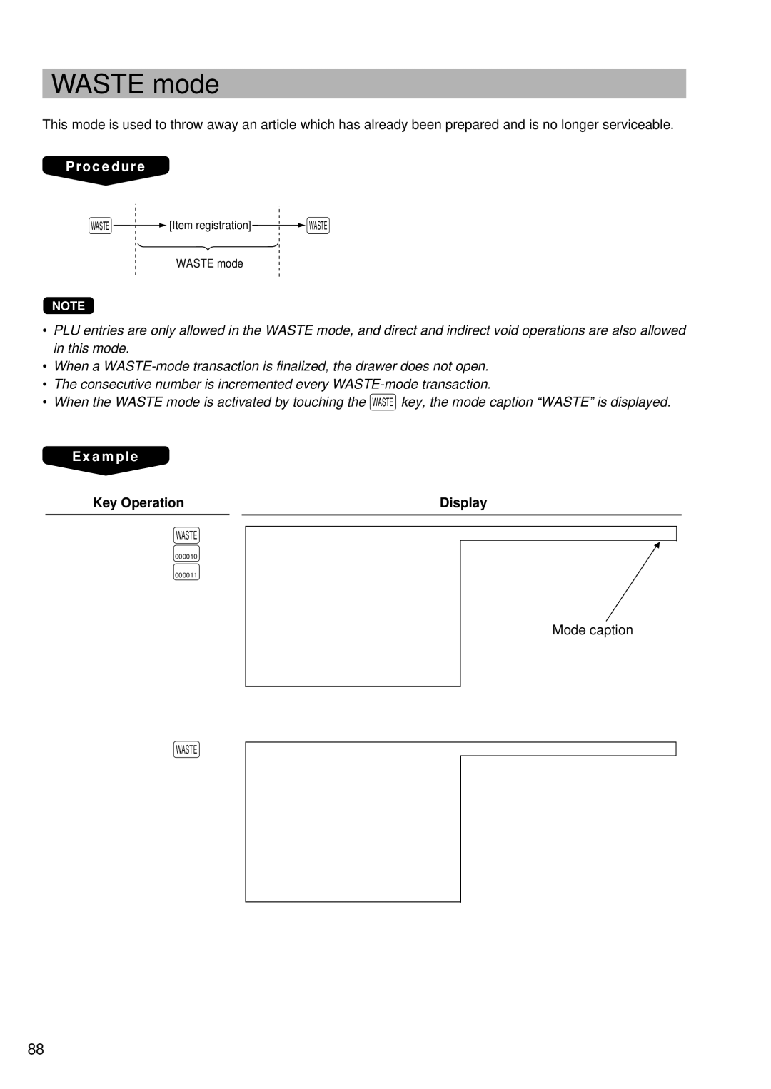 Sharp UP-3300 instruction manual Waste mode, Key Operation 