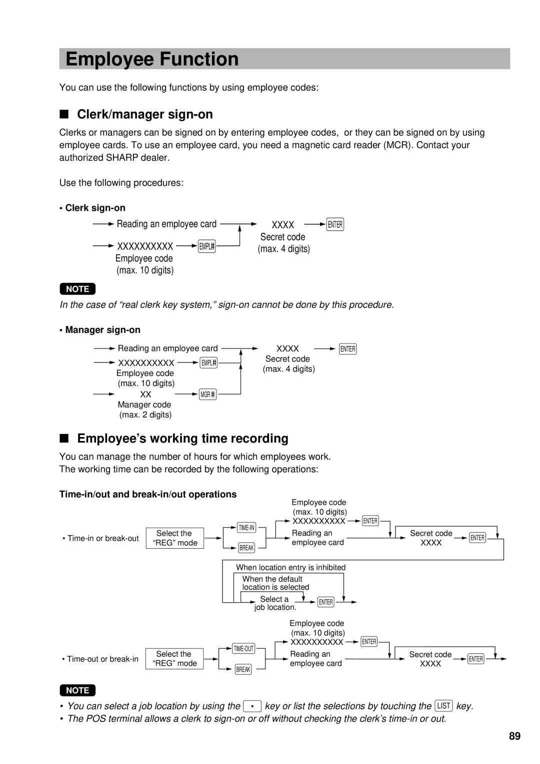 Sharp UP-3300 instruction manual Employee Function, Clerk/manager sign-on, Employee’s working time recording 