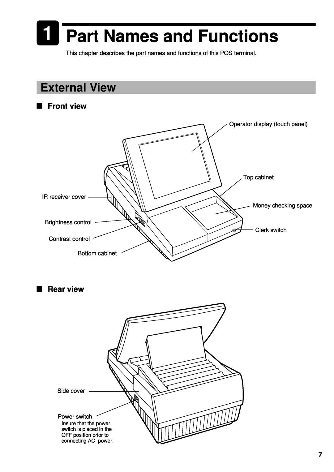 Sharp UP-3300 instruction manual 1Part Names and Functions, External View, Front view, Rear view 
