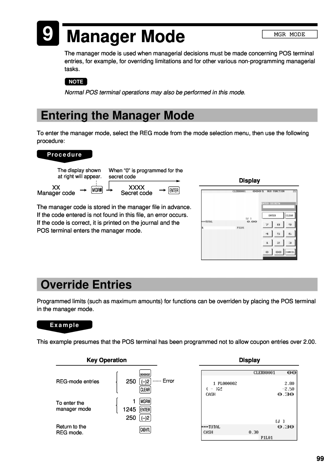 Sharp UP-3300 9Manager Mode, Entering the Manager Mode, Override Entries, Mgr Mode, Procedure, Display, Example 