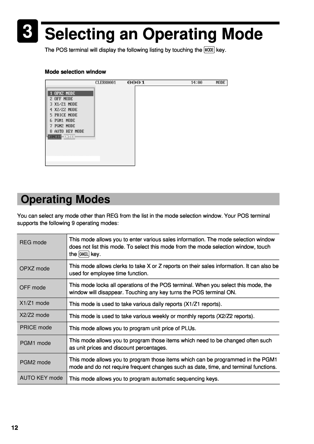 Sharp UP-3300 instruction manual 3Selecting an Operating Mode, Operating Modes, Mode selection window 