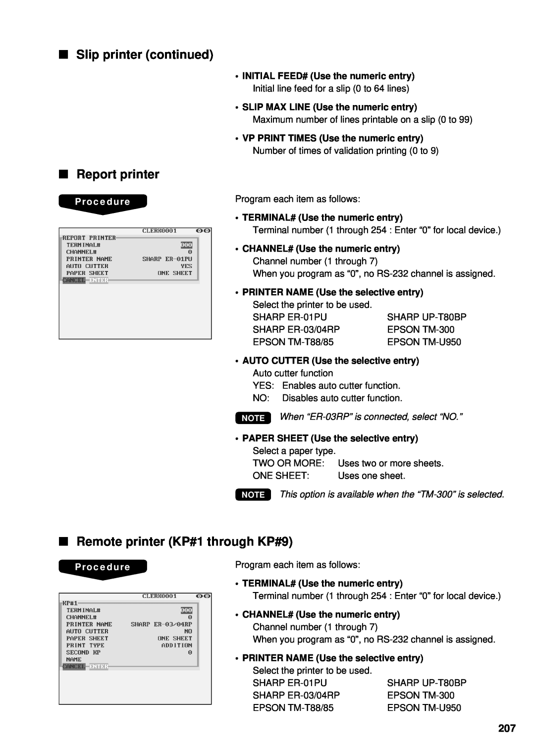 Sharp UP-3300 instruction manual Slip printer continued Report printer, Remote printer KP#1 through KP#9, Procedure 