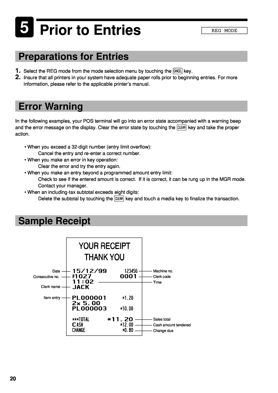 Sharp UP-3300 instruction manual 5Prior to Entries, Preparations for Entries, Error Warning, Sample Receipt, Reg Mode 