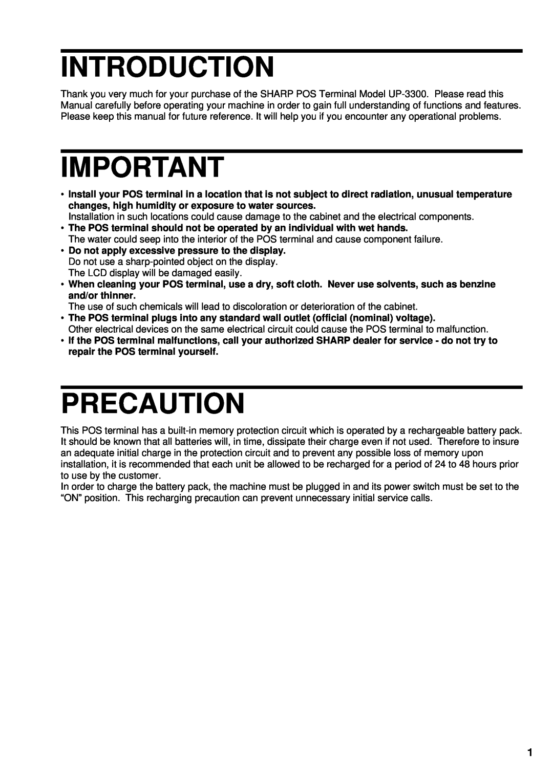 Sharp UP-3300 instruction manual Introduction, Precaution 