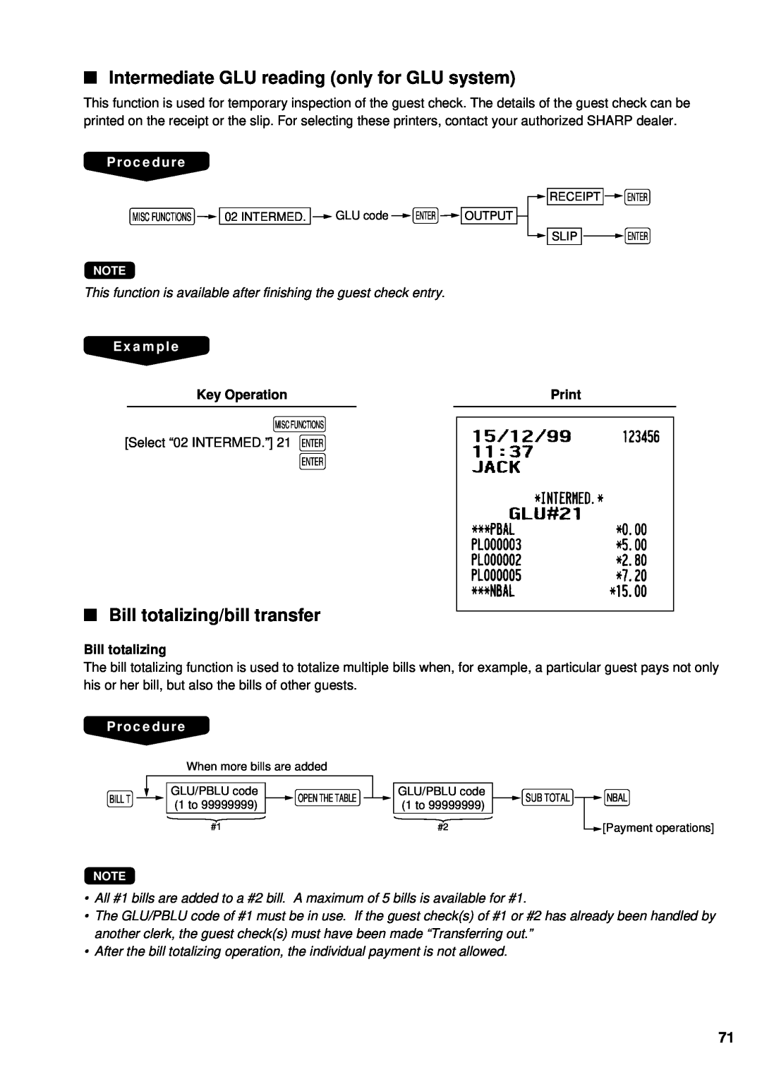 Sharp UP-3300 Intermediate GLU reading only for GLU system, Bill totalizing/bill transfer, Procedure, Example, Print 