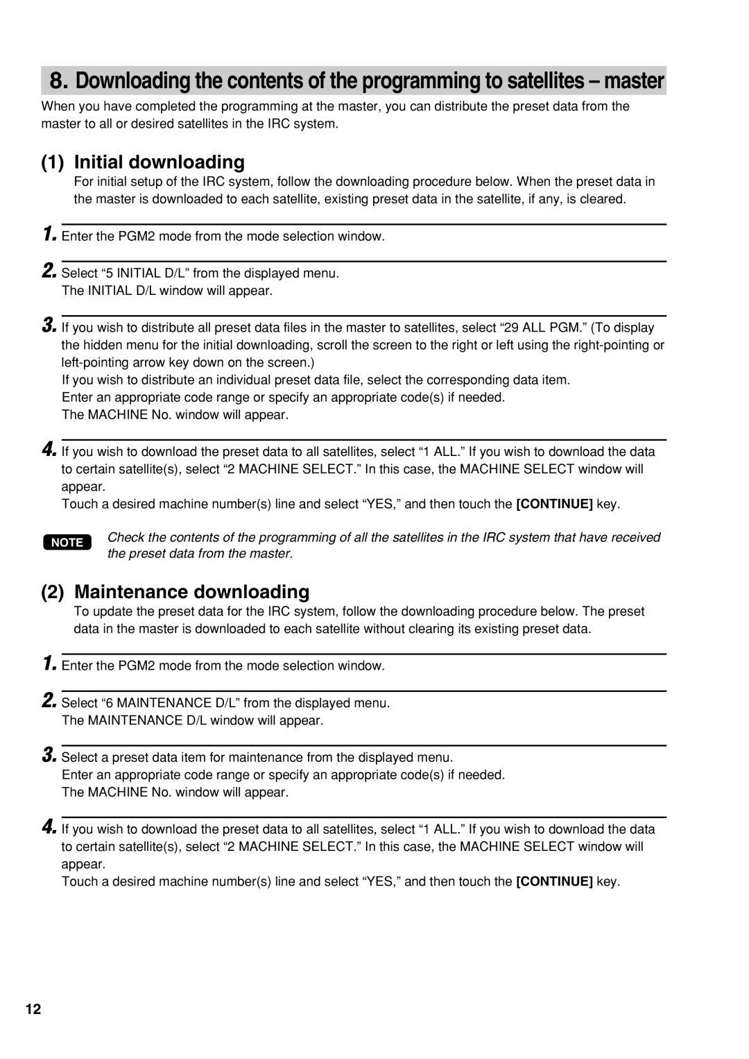 Sharp UP-3500 instruction manual Initial downloading, Preset data from the master 