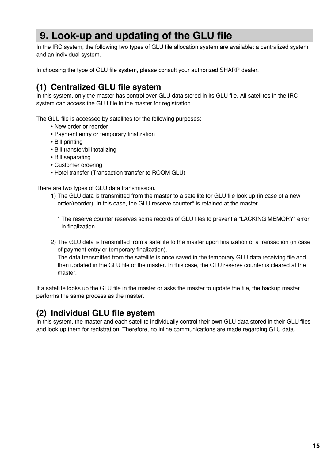 Sharp UP-3500 Look-up and updating of the GLU file, Centralized GLU file system, Individual GLU file system 