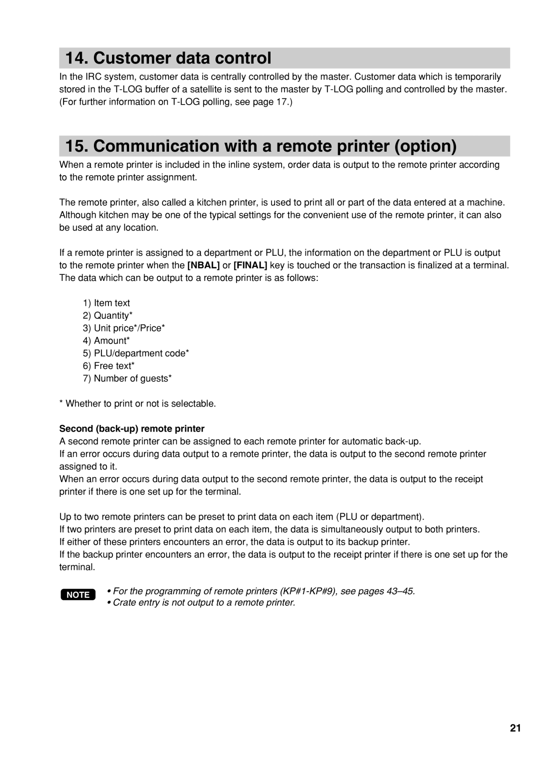 Sharp UP-3500 Customer data control, Communication with a remote printer option, Second back-up remote printer 