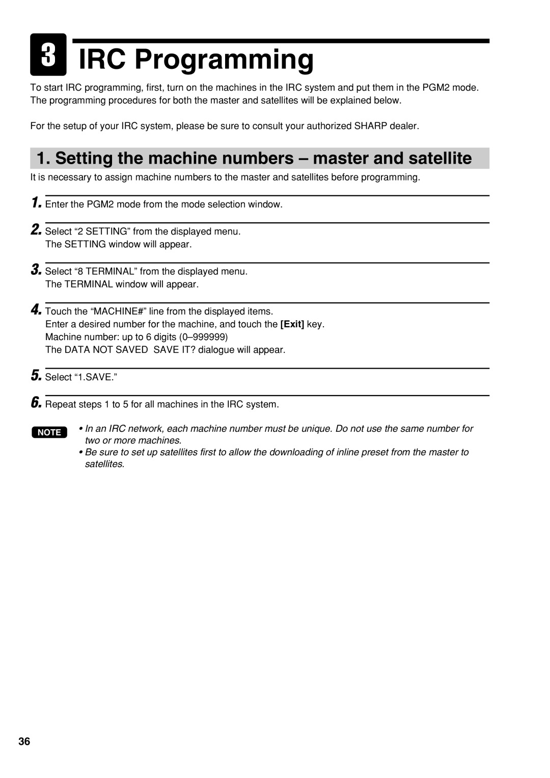 Sharp UP-3500 instruction manual IRC Programming, Setting the machine numbers master and satellite 