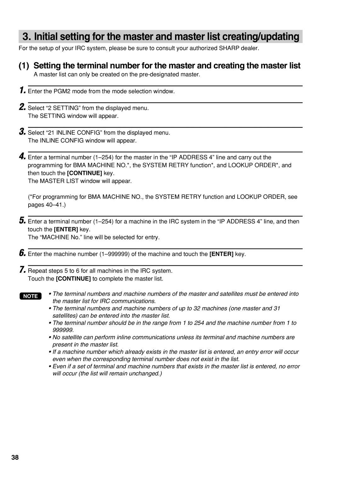 Sharp UP-3500 instruction manual Master list for IRC communications 