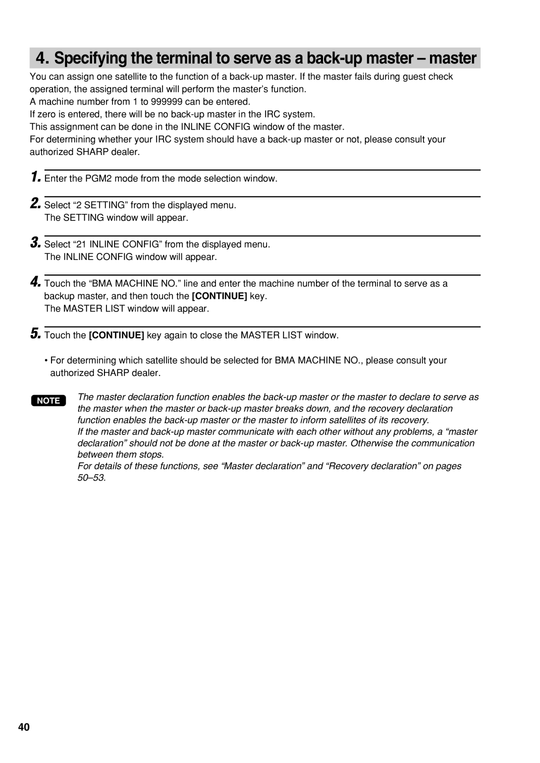 Sharp UP-3500 instruction manual Specifying the terminal to serve as a back-up master master 