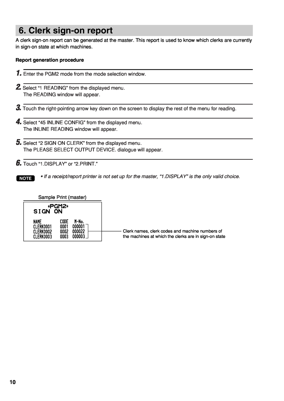 Sharp UP-3500 instruction manual Clerk sign-onreport, Report generation procedure, Sample Print master 