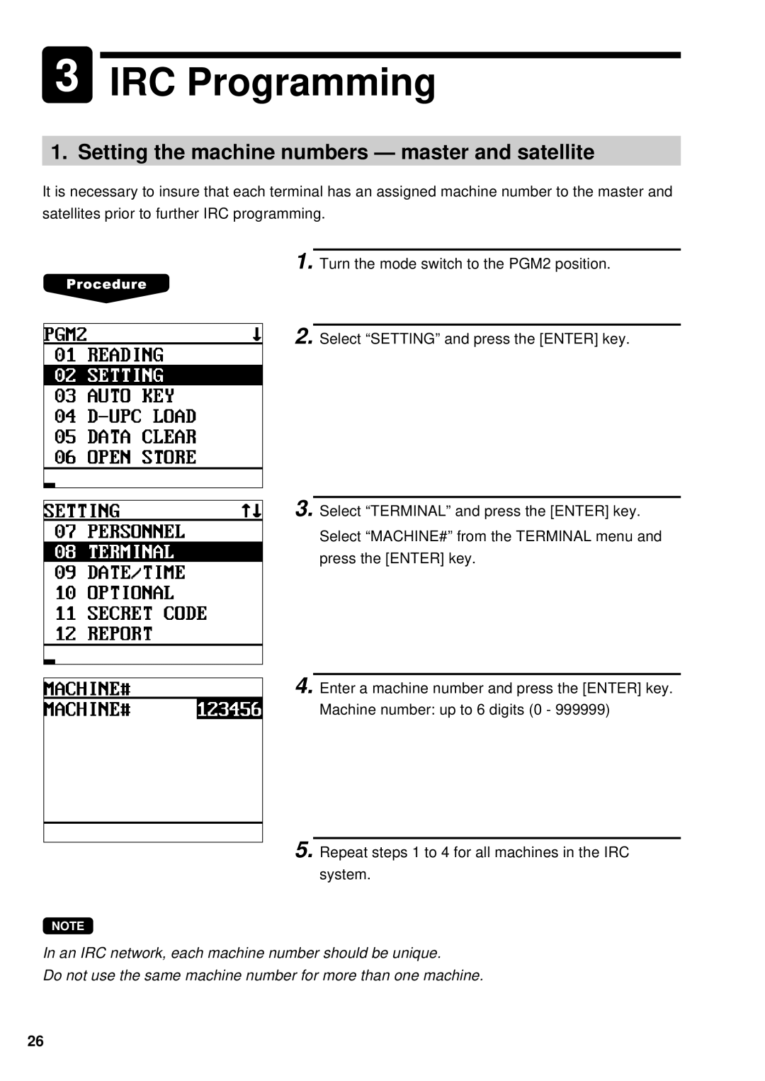 Sharp UP-700, UP-600 instruction manual IRC Programming, Setting the machine numbers master and satellite 