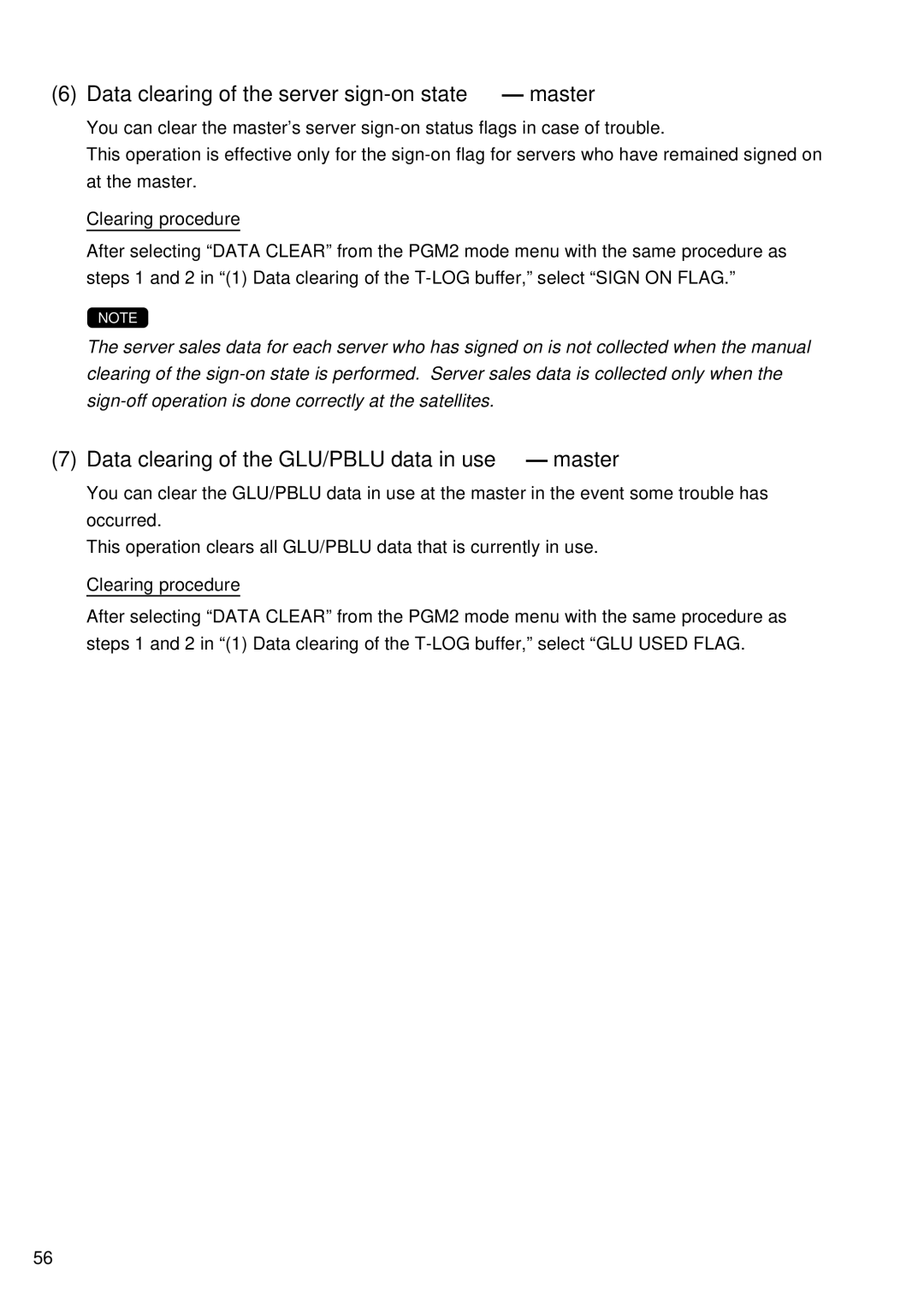 Sharp UP-700, UP-600 Data clearing of the server sign-on state master, Data clearing of the GLU/PBLU data in use master 