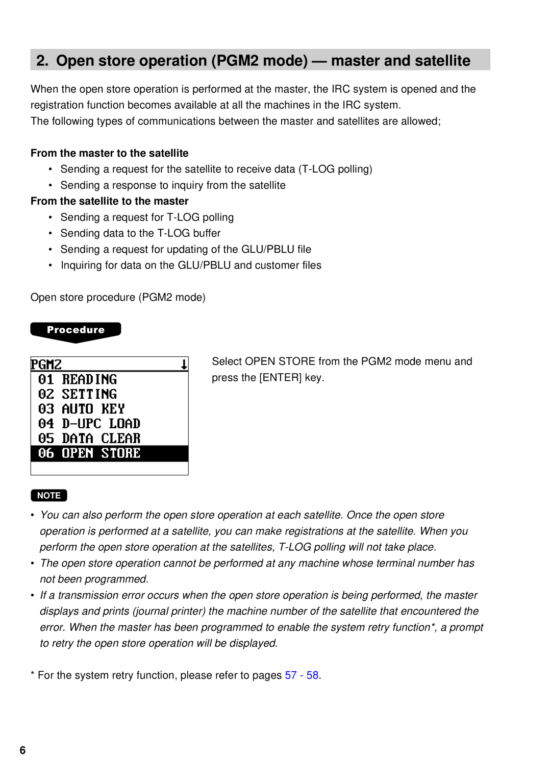 Sharp UP-700, UP-600 Open store operation PGM2 mode master and satellite, From the master to the satellite 